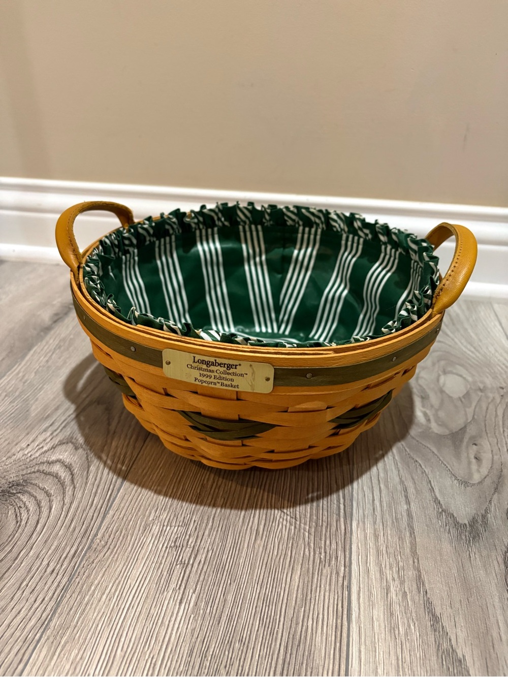 Longaberger Yellow & Green Striped Lined Woven Basket